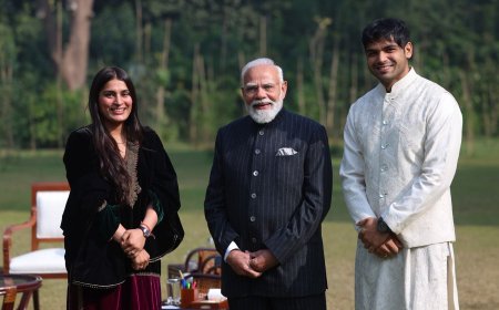 PM Modi hosts Olympic champion Neeraj Chopra and his wife Himani at official residence